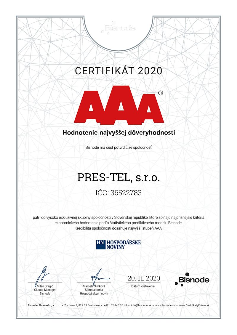  Bisnode certifikat najvyššej dôverihodnosti za rok 2020 pre spoločnosť PRES-TEL 